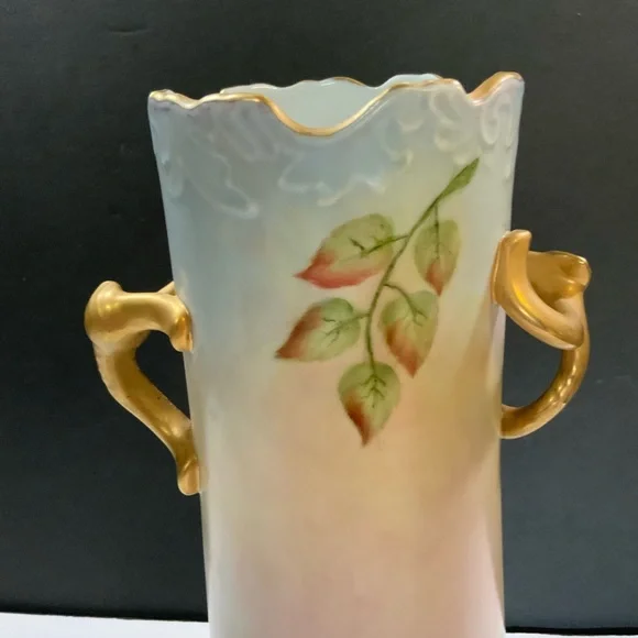 Large Vase Porcelain Roses Gold tone Trim Signed 12 inches Tall Vintage